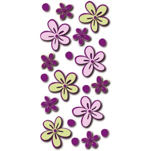 Adesivi murali con motivo floreale in viola e verde per decorare le pareti.