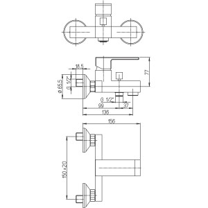 Disegno tecnico del miscelatore per vasca t.b.t. con dimensioni.
