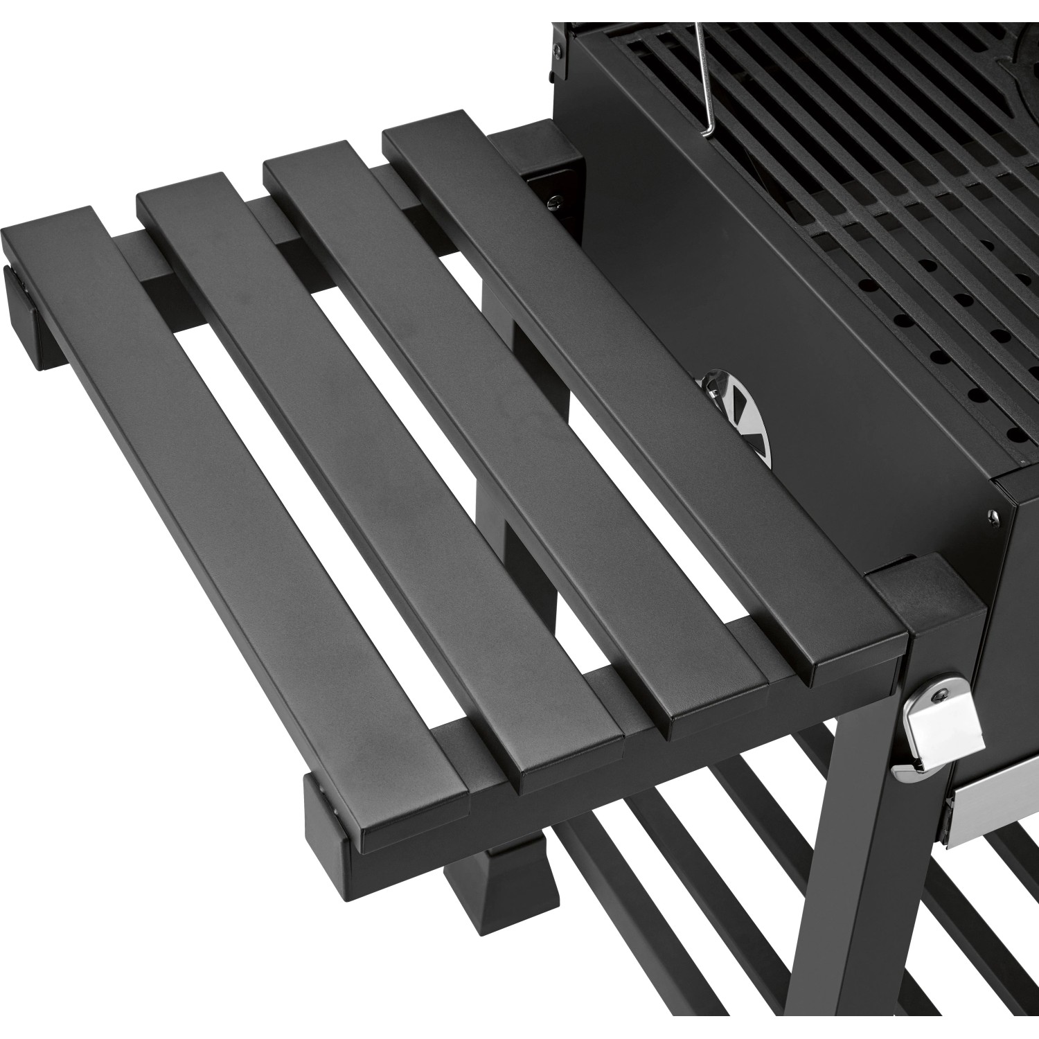 Robusto ripiano laterale a doghe in metallo grigio scuro per il barbecue a carbone Jamestown.