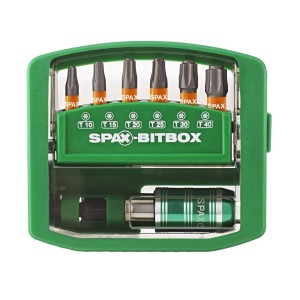 Spax Bitbox, un set di attrezzi verde con varie punte per cacciavite e portainserti.