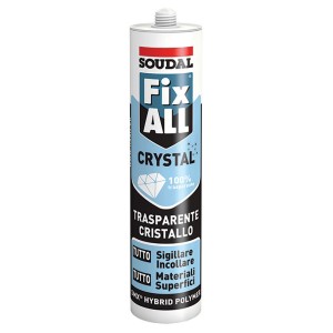 Cartuccia Soudal Fix ALL Crystal, adesivo e sigillante trasparente per vari materiali.