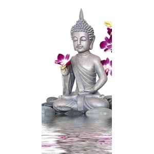 Carta da parati per porta Eurographics Deco Door Pure Balance: statua di Buddha con orchidee e riflesso sull'acqua.