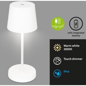 Lampada da tavolo a batteria bianca Brilo, 2.6W, con dimmer touch e protezione IP44.