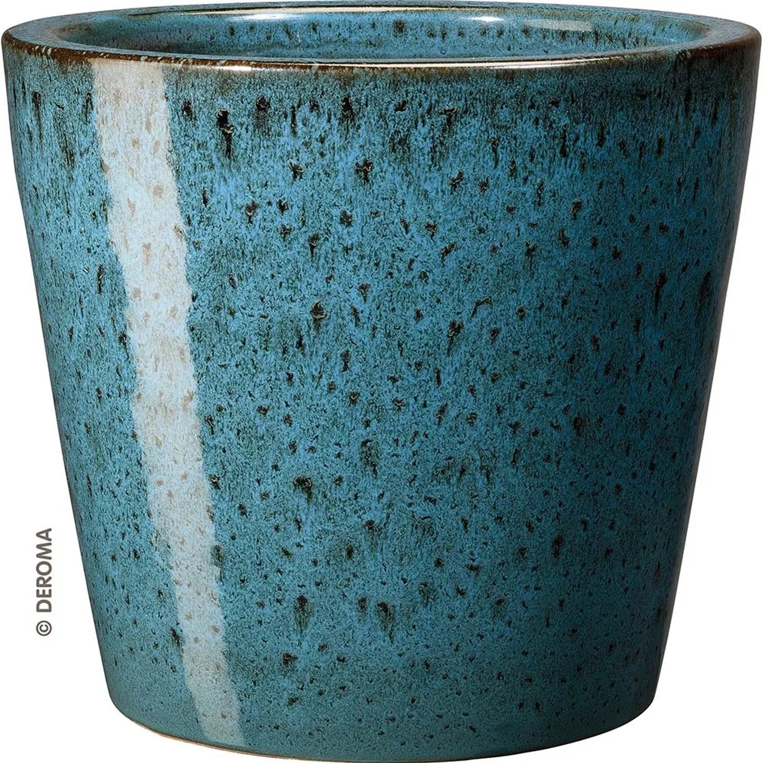 Vaso da fiori in terracotta blu con smalto screziato e striscia bianca.