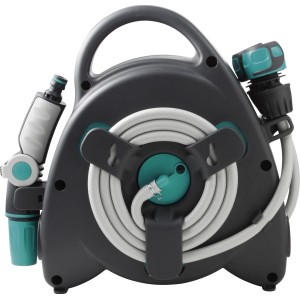 Avvolgitubo grigio con tubo da giardino bianco arrotolato e connettori grigio-verdi.