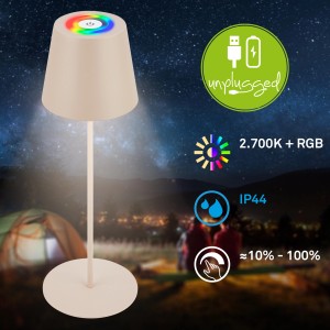 Lampada da tavolo a LED ricaricabile 3 in 1 Brilo beige, alta 36 cm, con funzione RGB e dimmer touch per esterni.
