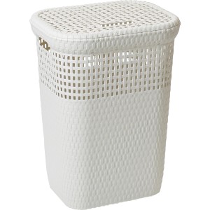 Cesto portabiancheria bianco con coperchio, effetto intrecciato.