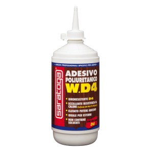 Flacone di adesivo poliuretanico Saratoga W.D4 per legno.
