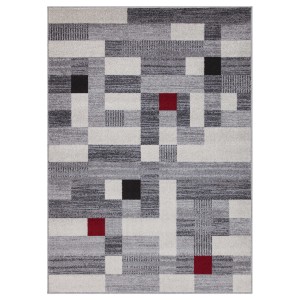 Tappeto moderno con motivo geometrico in grigio, bianco, nero e rosso.