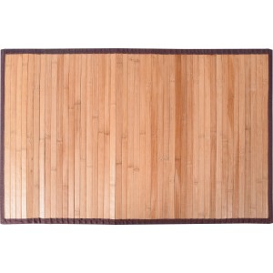 Tappeto da bagno rettangolare in bambù con bordo marrone.