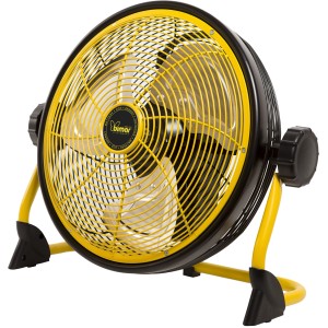 Ventilatore giallo con cornice e base nere.