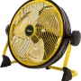 Ventilatore giallo con cornice e base nere.