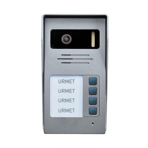 Citofono t.b.t. di Urmet, color argento con telecamera e quattro pulsanti campanello.