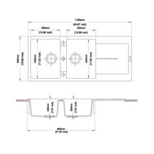 Disegno tecnico del lavello: Dimensioni e viste del Lavelli in acciaio inox.