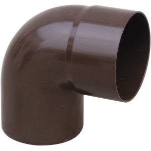 Raccordo a gomito in plastica marrone per grondaie e pluviali.