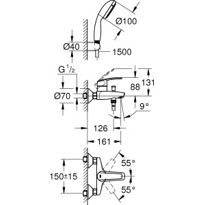 Disegno tecnico del miscelatore monocomando per vasca Grohe Start Chrome con dimensioni per l'installazione.