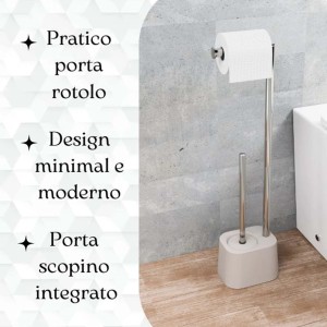 Set WC freestanding con portarotolo e scopino, design moderno.