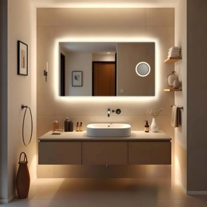 Specchio da parete t.b.t. illuminato in bagno moderno.