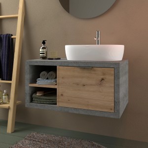 t.b.t. Mobile bagno con lavabo d'appoggio, frontale in legno e effetto cemento. Arredo bagno.