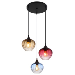 Lampada a sospensione t.b.t. con tre paralumi in vetro colorato.