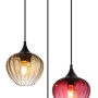 Lampada a sospensione t.b.t. con tre paralumi in vetro colorato.
