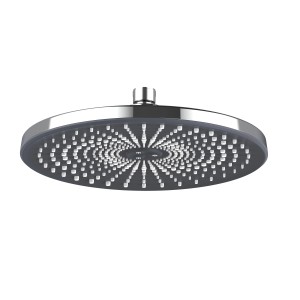 Soffione doccia fisso t.b.t. rotondo con bordo cromato e superficie grigia.