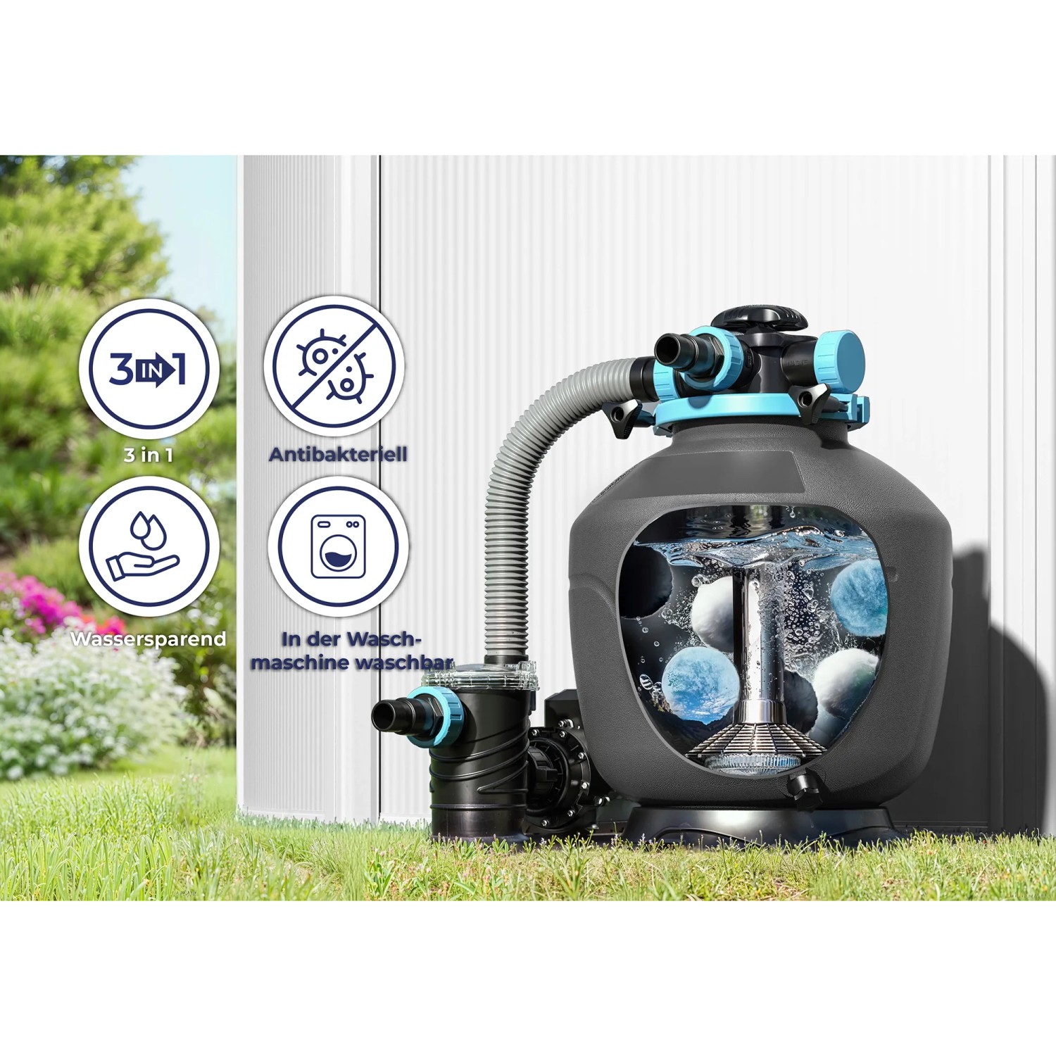 Gre Pool filter balls Aqualoon 500g nel filtro a sabbia. Alternativa alla sabbia filtrante, lavabile e riutilizzabile.