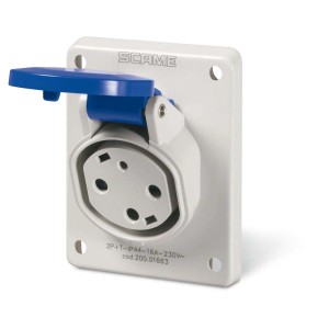 Presa t.b.t. bianca con coperchio blu per accessori auto.