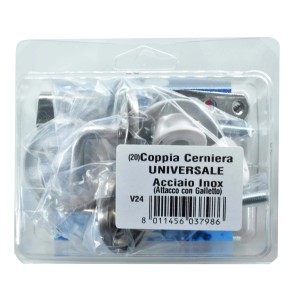 t.b.t. Cerniere in acciaio inox, set con accessori di montaggio in confezione trasparente.