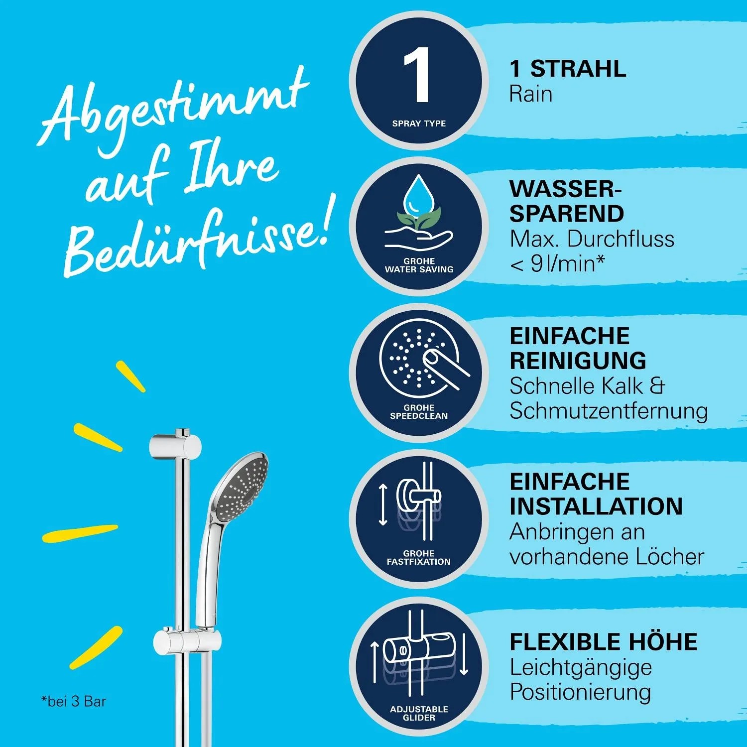 Set asta doccia Grohe QuickFix Vitalio Joy 110 Mono Chrome con doccetta e flessibile doccia.