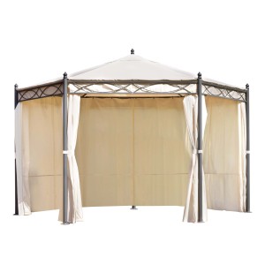 Gazebo beige con tende. Ideale per giardino e terrazza.