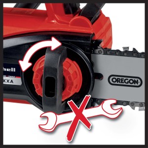 Dettaglio della motosega a batteria t.b.t. con cambio catena senza attrezzi.