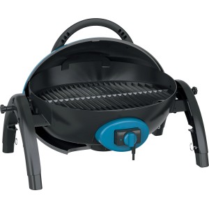 Barbecue elettrico t.b.t. compatto e portatile nero e turchese con griglia e coperchio.