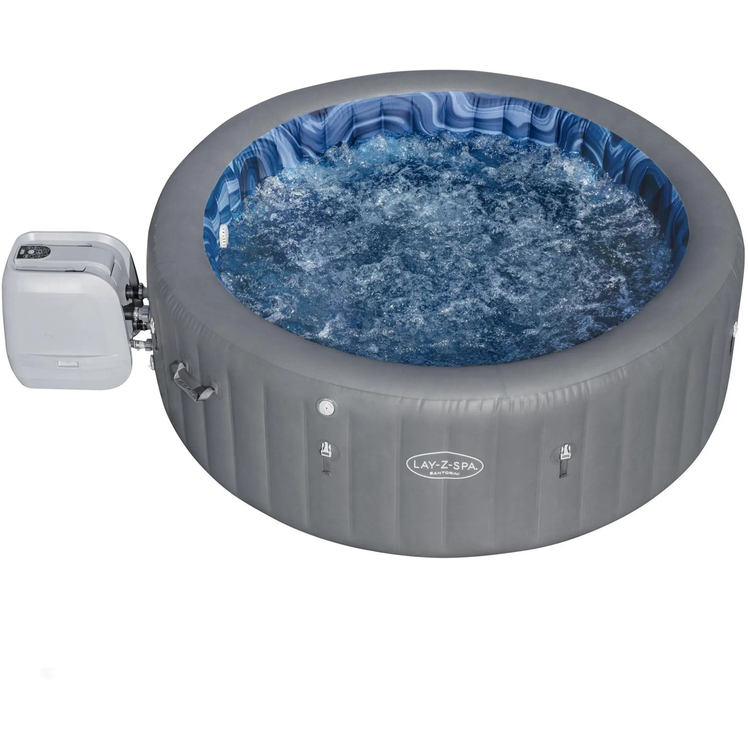 Vasca idromassaggio rotonda Bestway LAY-Z-SPA Santorini HydroJet Pro, grigia, con acqua blu e pompa.