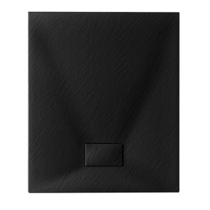 Piatto doccia t.b.t. nero con superficie strutturata e scarico rettangolare.