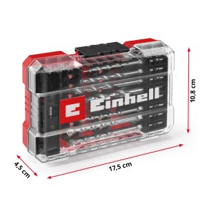 Set accessori Einhell da 39 pezzi con punte, trapani e bussole in scatola.