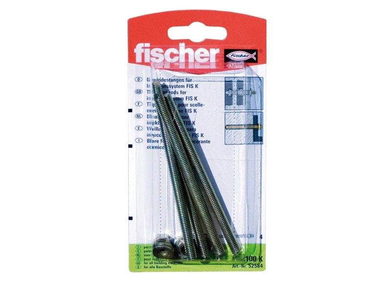Barra Filettata Fischer FIS A M16 X 130 Mm - Classe 8.8, Zincata, Con Dado E Rosetta, Confezione Da 10