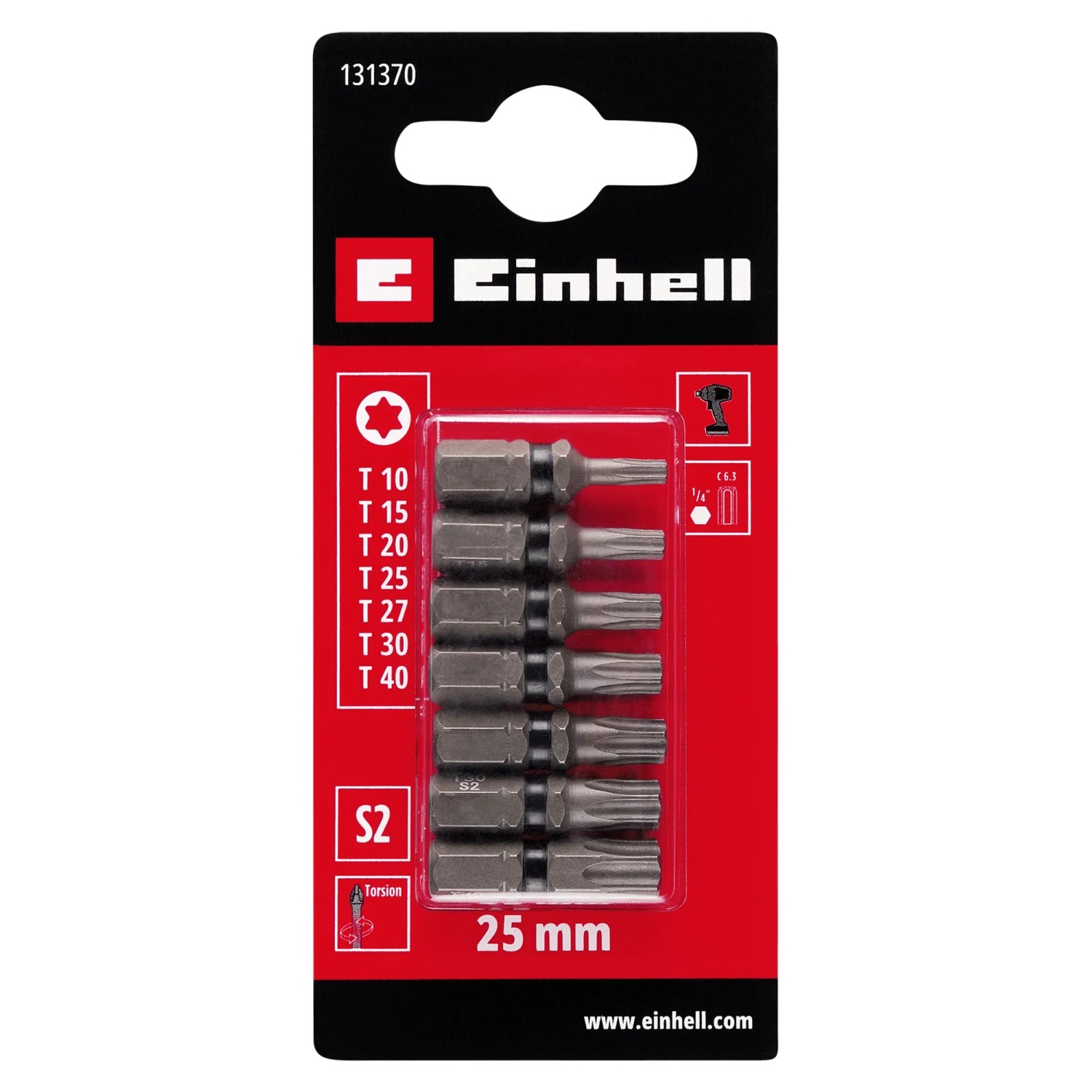 Set di inserti a impatto Einhell, 7 pezzi, 25 mm, T10-T40, per cacciaviti e avvitatori a batteria.