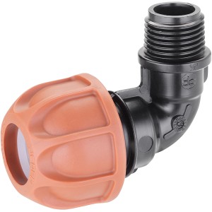 t.b.t. per irrigazione interrata, raccordo a gomito con ghiera marrone e filetto nero.