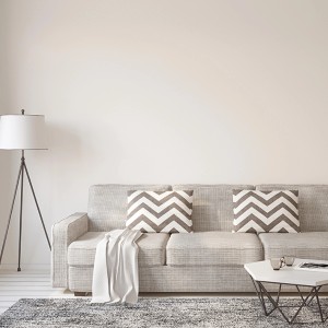 Soggiorno con parete dipinta di bianco, divano, cuscini e lampada. Pittura per interni.