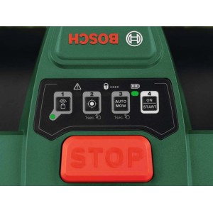Pannello di controllo del robot tagliaerba Bosch VISIMOW18V-100 con tasti avvio, auto e pulsante STOP rosso.
