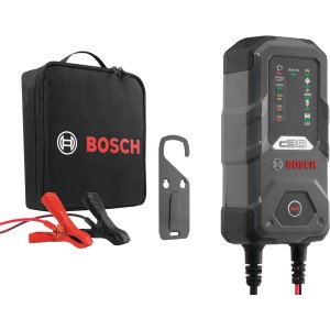 Caricabatterie Bosch C30 con borsa, morsetti e gancio per batterie auto.