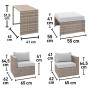 Set mobili da balcone Olea Mini, 5 pezzi, in polyrattan grigio chiaro, con dimensioni di tavolo, sgabelli e poltrone.