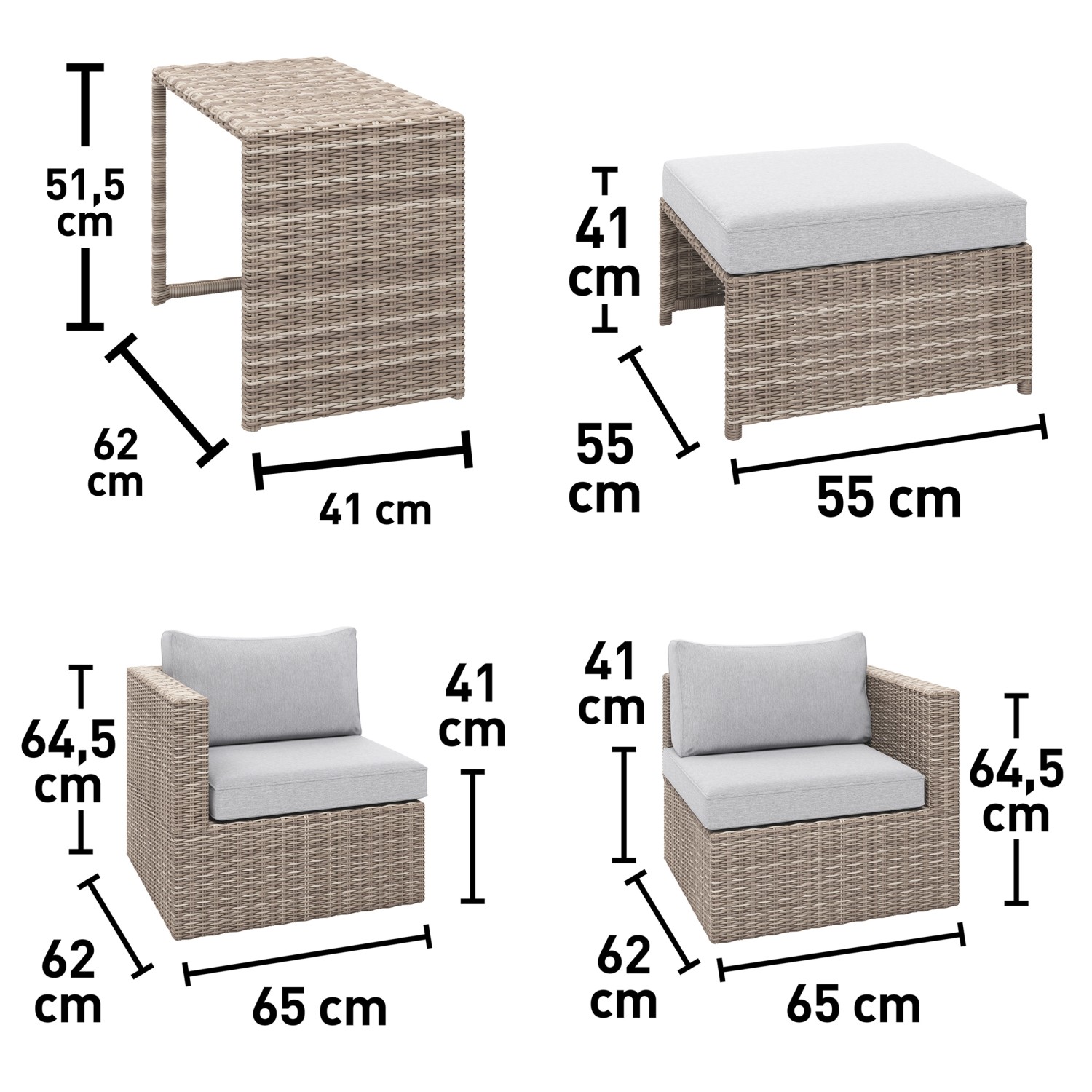 Set mobili da balcone Olea Mini, 5 pezzi, in polyrattan grigio chiaro, con dimensioni di tavolo, sgabelli e poltrone.