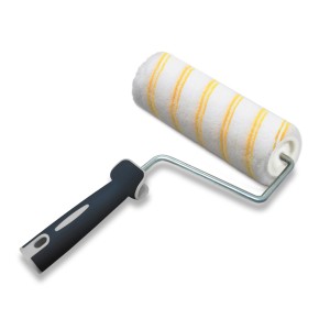 Rullo per pittura con strisce gialle e manico nero.