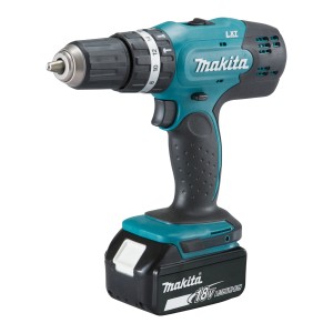Trapano avvitatore a percussione a batteria Makita DHP453RFE con batteria e valigetta.