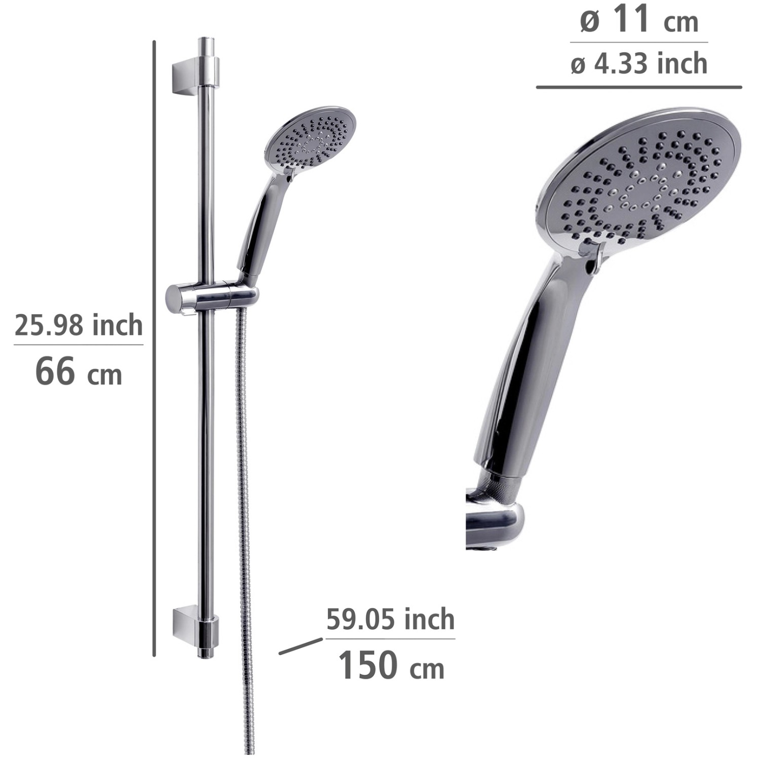 Set doccia Wenko Young Chrome con asta, doccetta e tubo flessibile in argento.