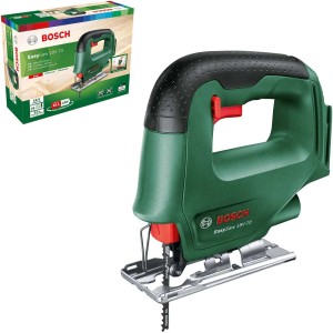 Seghetto alternativo a batteria Bosch EasySaw 18V-70 Solo, verde con lama e confezione.