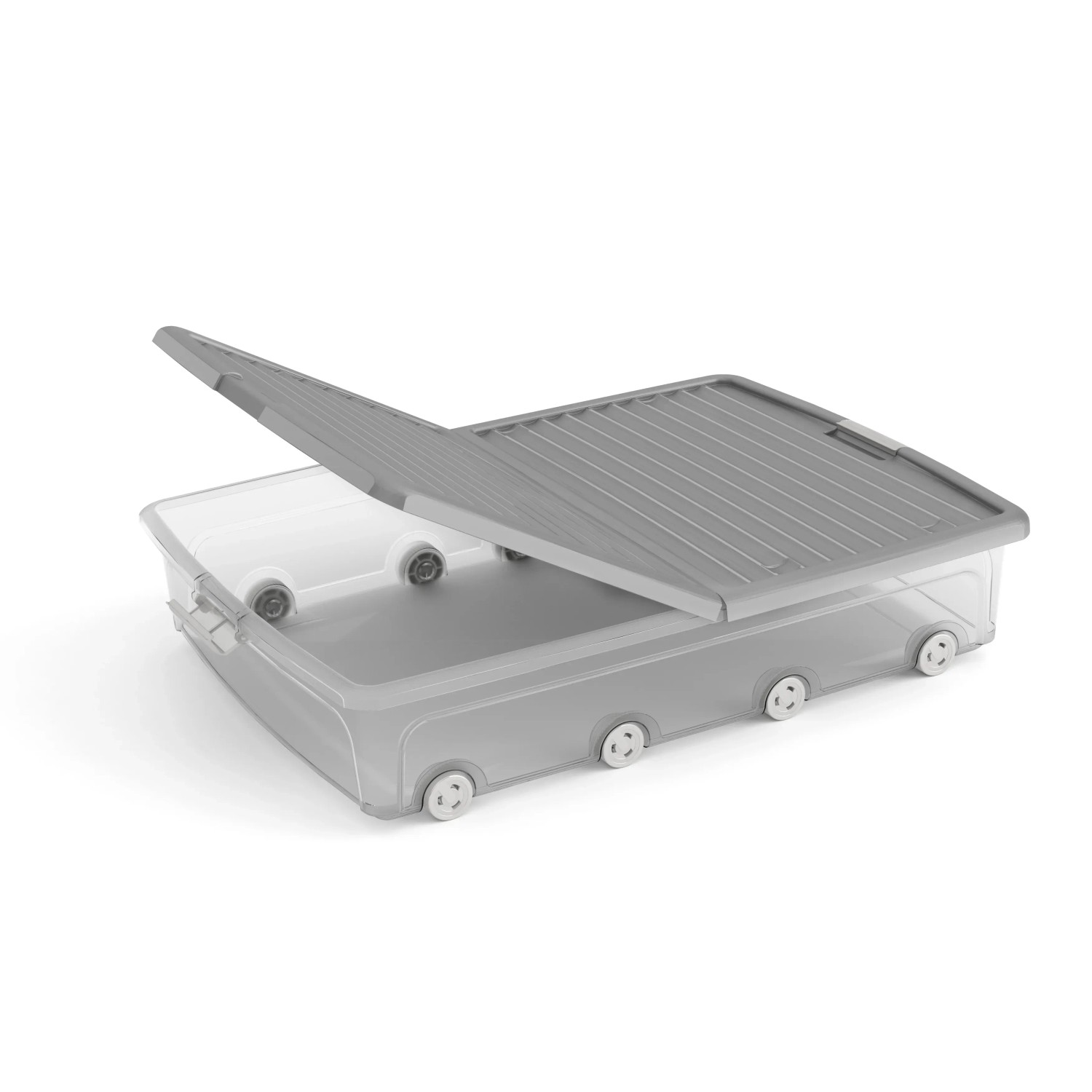 Contenitore t.b.t. grigio con ruote e coperchio, ideale per lo stoccaggio.