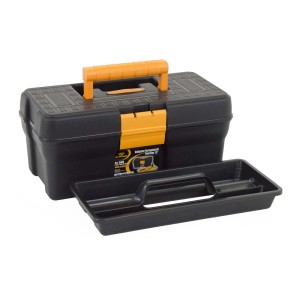 Valigetta porta attrezzi nera con manico giallo e vassoio rimovibile.